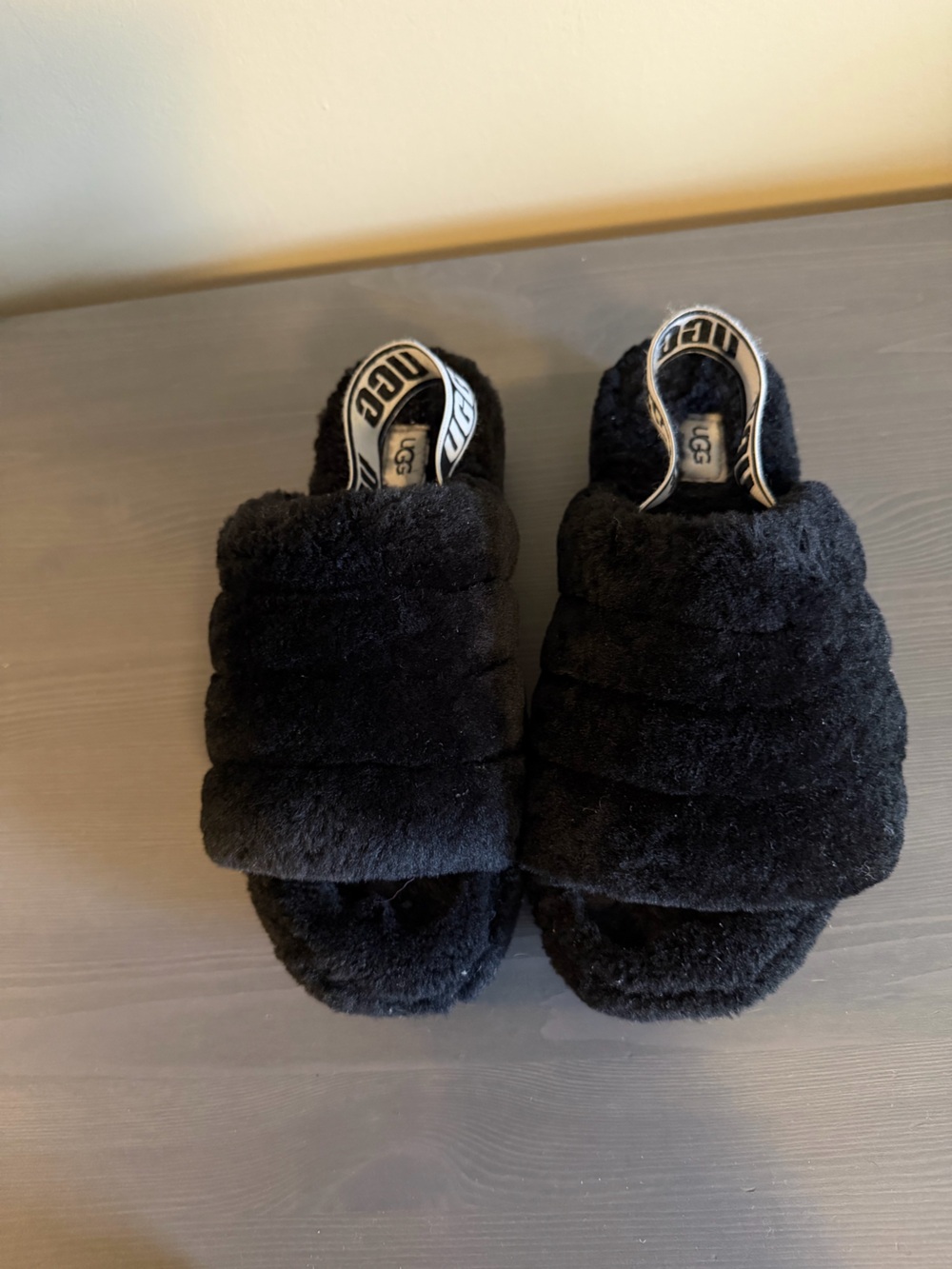 UGG Women’s Fluff Yea Black Plush Slingback Slide Slippers - Picture 3 of 8